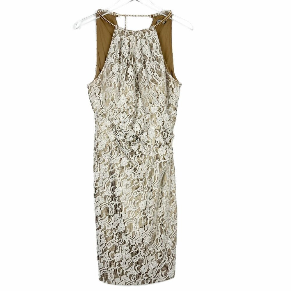 Eliza J Lace Halter Dress Women's Size 12 Cream Tan Gold Sheath Coquette Bridal